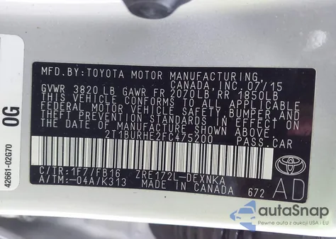 2015 Toyota Corolla Le из США, поврежденный, VIN 2T1BURHE2FC475200